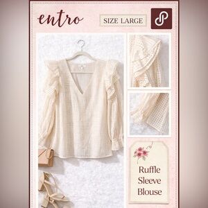 Entro Cream Textured Ruffle Sleeve Blouse – Size Large – Boutique Style